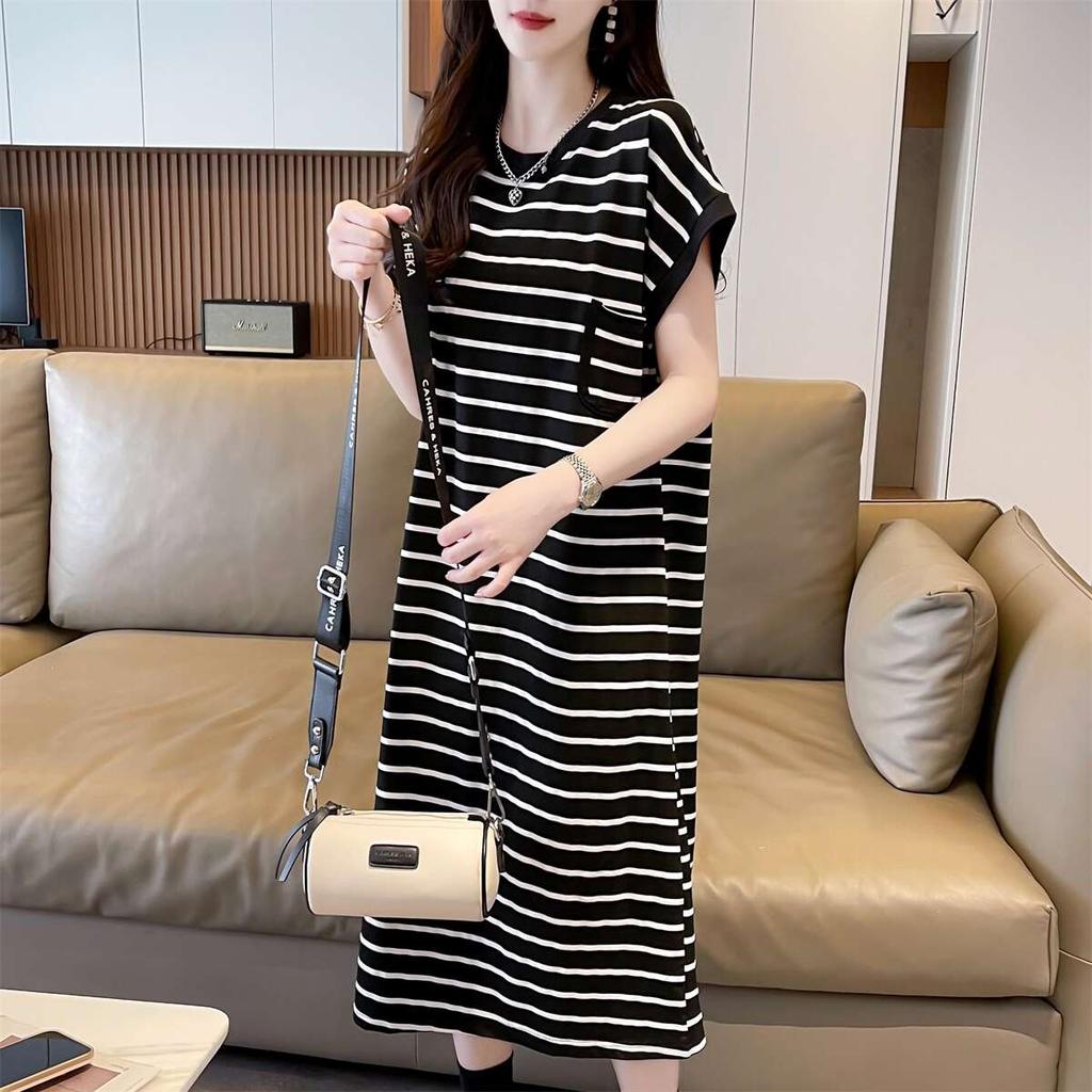 Long Loose and Thin Striped Dress, New Summer Niche Design Casual T-shirt Skirt