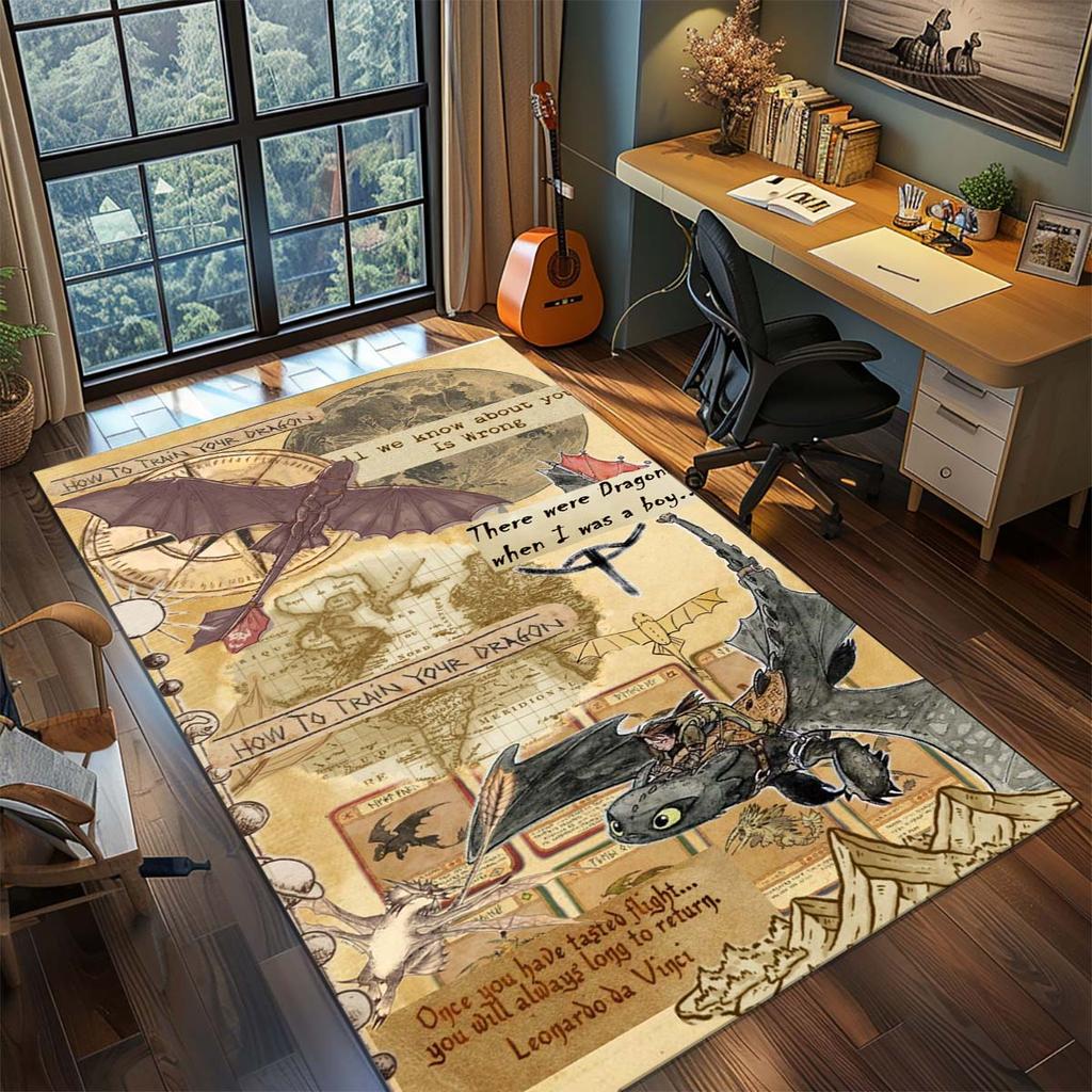 Black Dragon Polyester Area Rug Dark Fantasy Fire Dragon Carpet Non Slip Living Room Bedroom Floor Decor -QJY