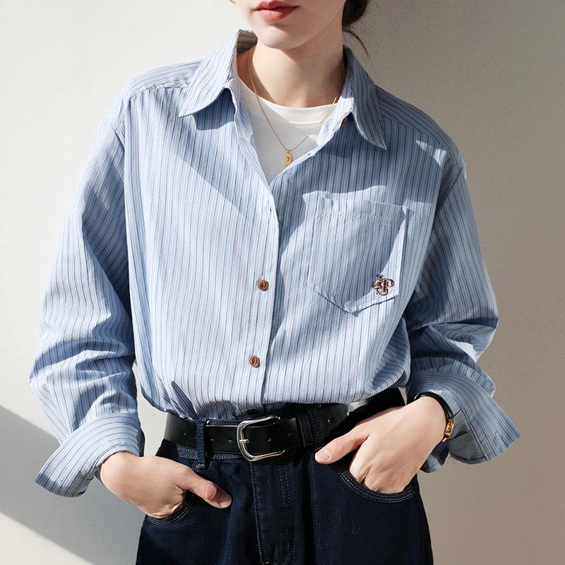 2026 Women s High-End Striped Long Sleeve Shirt: Professional Spring/Autumn Layered OL Design Small