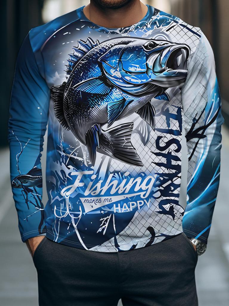 T-shirt a maniche lunghe da uomo per la pesca al basso con grafica 3D Rossa Nera Girocollo Casual Streetwear Tee abbigliamento club di pesca