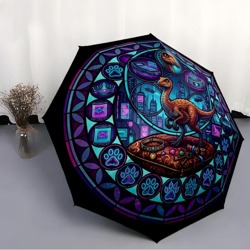 Glass Dinosaur Cityscape pattern umbrella, portable and foldable design, 8 ribs, a casual accessory for Halloween, Christmas, and birthday gifts.