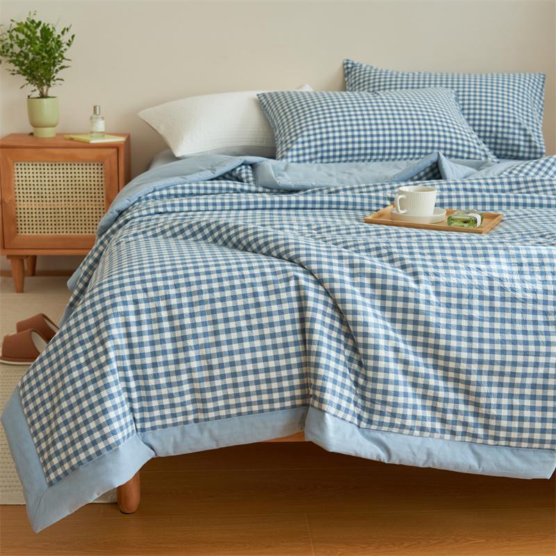 

1 шт. Летнее одеяло из стираного хлопка Летнее Весеннее одеяло-наполнитель для спальни Плоская Простая Клетка Односпальная Двуспальная кровать 150/200см 150x200cm светло-синий