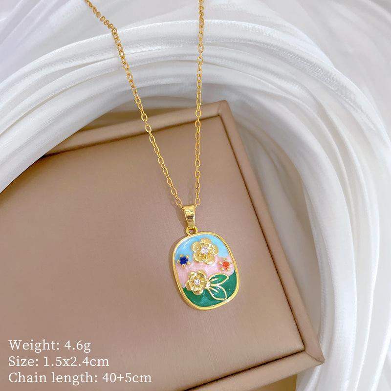 

Colorful Enamel Flower with Zircon Square Necklaces for Women Girls Y2k Stainless Steel Chain Necklace Jewelry Accessories Gifts