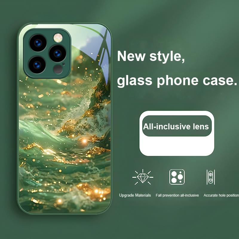 Kleurrijke golven blauw telefoonhoesje van gehard glas voor iPhone 16 Plus 15 14 13 12 Mini 11 Pro Max X XS XR 7 8 Plus 2022