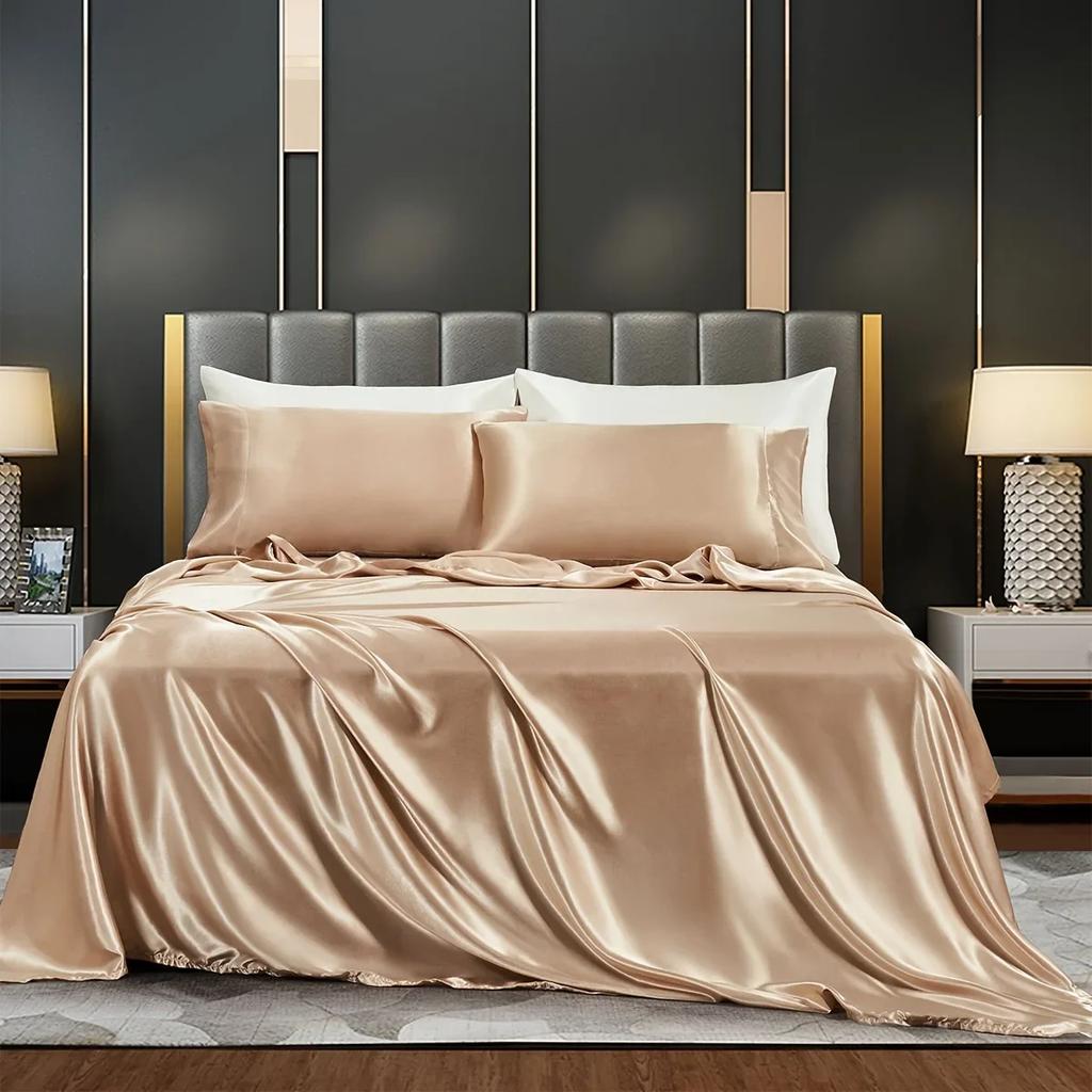 3/4Pcs Luxurious Satin Fitted Sheet Set Soft, Breathable, And Gentle On Skin Includes Flat Sheet, Fitted Sheet,Pillowcases