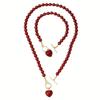 2pcs Elegant Red Heart Imitation Pearl Jewelry Set,Necklace and Bracelet for Women,Perfect for Daily Wear & Valentine'S Day Gift