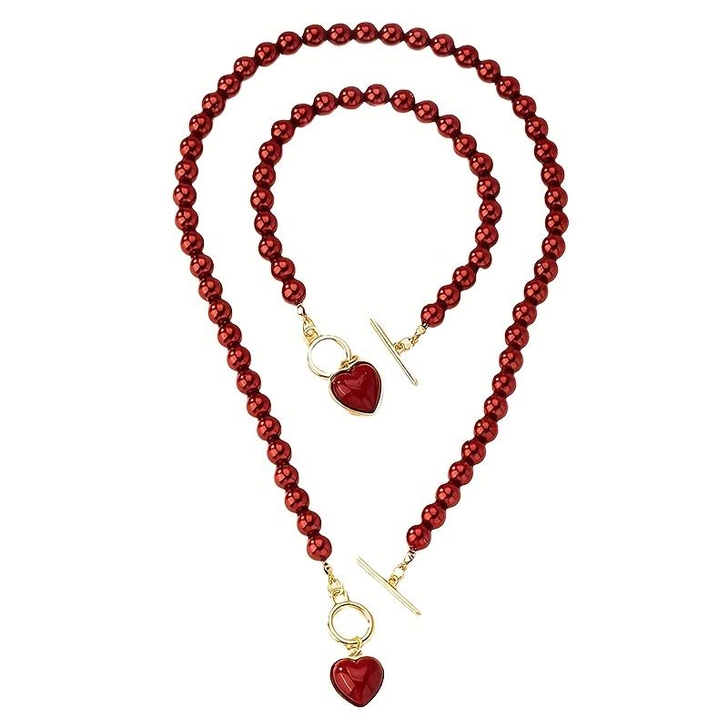2pcs Elegant Red Heart Imitation Pearl Jewelry Set,Necklace and Bracelet for Women,Perfect for Daily Wear & Valentine'S Day Gift
