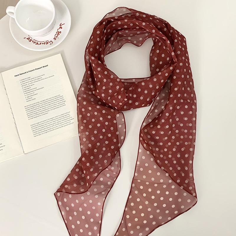 Silk scarf long strip high-end new thin and narrow strip polka dot silk scarf decorative scarf tied bag ribbon versatile belt