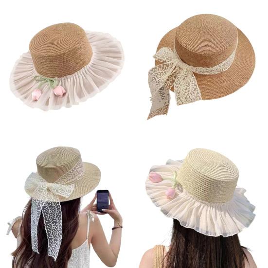 Sun Hat Breathable Large Brim Design Sun Protection Hat Lace Bow Decoration French Style Straw Hat Headwear