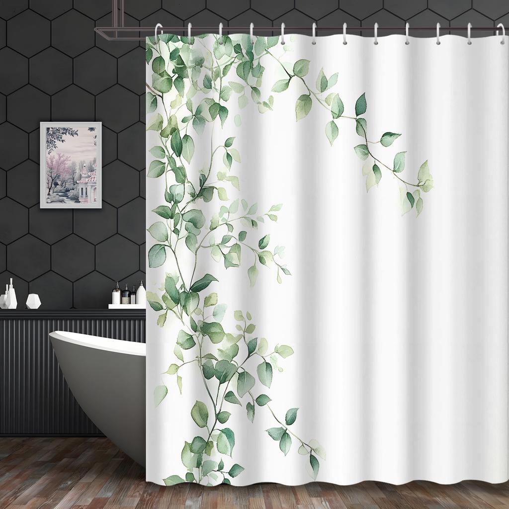 1 Stück Grüne Pflanzenblätter Duschvorhang - Wasserabweisendes Polyester, 12 Haken, Künstlerischer Ösenverschluss, Maschinenwaschbar