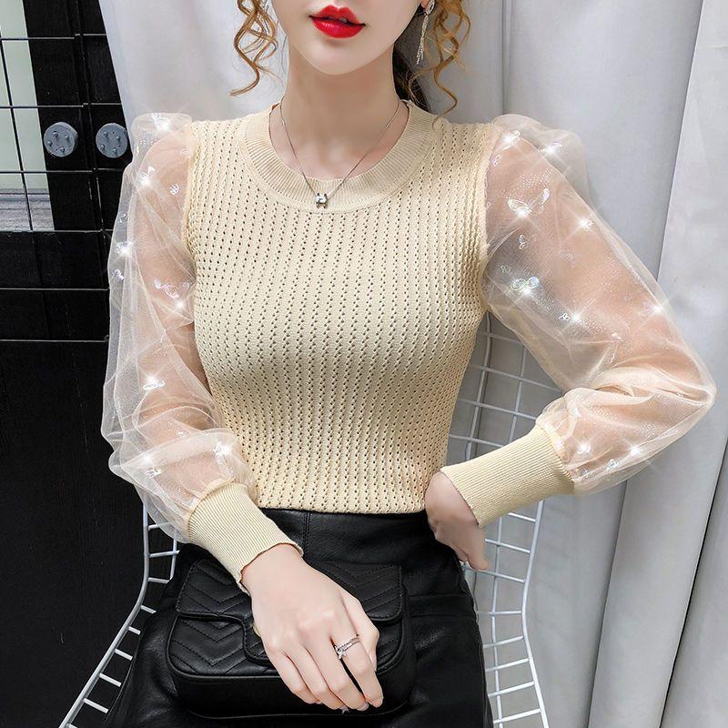 

Осенний облегающий элегантный трикотажный топ с коротким рукавом и сетчатой вставкой для женщин 2XL