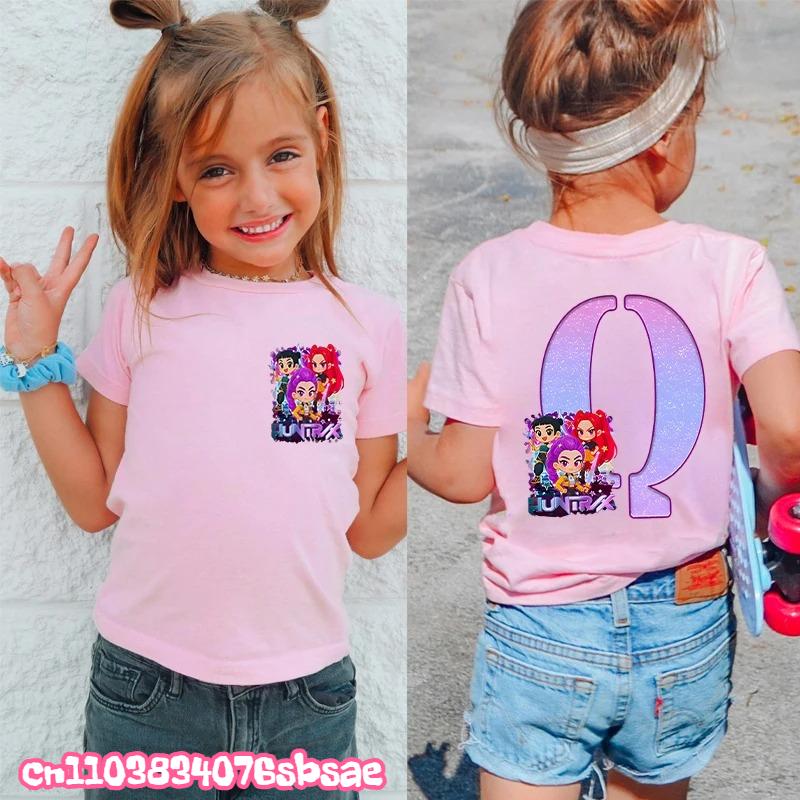 Fashion A-Z 26 Letter Print Kids Clothing Kpop Demon Hunters Graphic Y2k Tops Girls Boys Short Sleeve Tees Child T-shirts