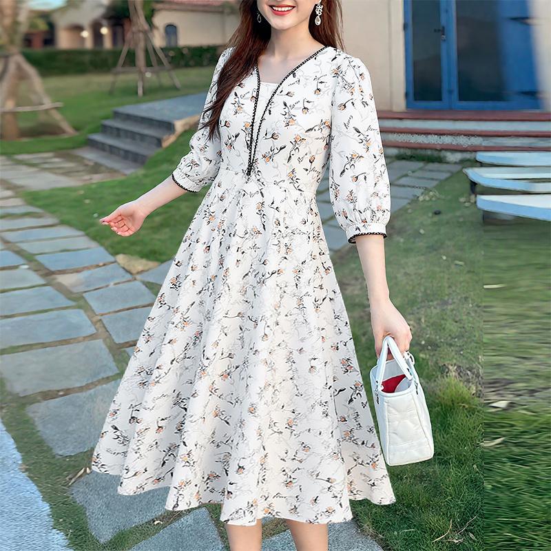 ZANZEA Womens Summer Loose Casual 3/4 Sleeve Print Dress