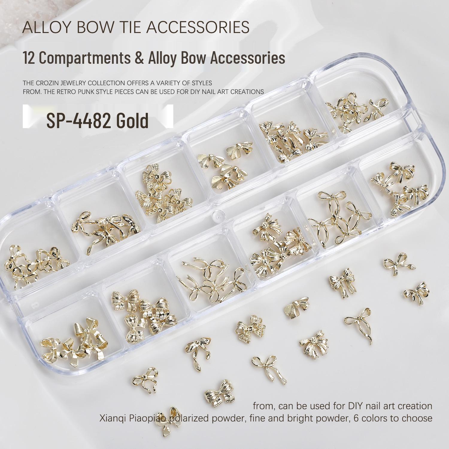 Nail Art Metal Bow Tie & Ribbon Set: Gold/Silver/White K Alloy, 12-Grid Box