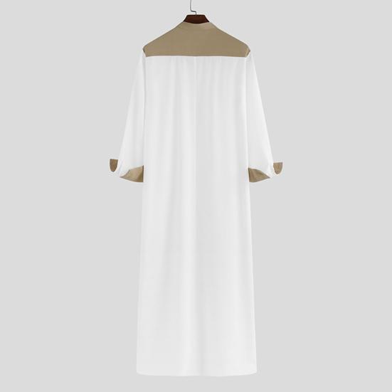Men Mandarin Collar Long Sleeve Robe Contrast Color Buttons Half Placket Pockets Loose Fit Traditional Robe