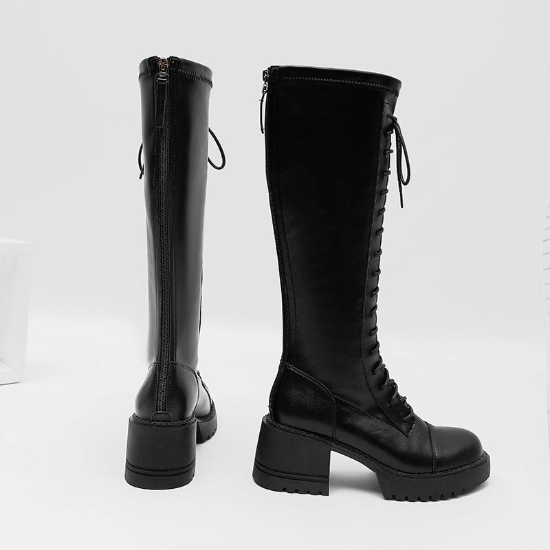 Round Head Thick Heel Thick Sole Boots Women's Custom Lace-up High Knight Boots Women's Custom 2024 New Long Martin Boots