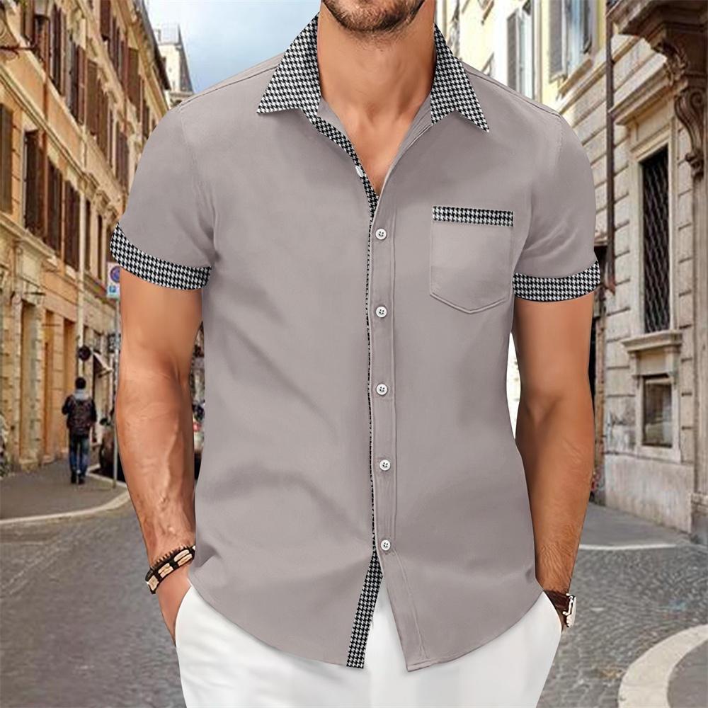 Patchwork printed shirt for men, solid color, comfortable and soft short sleeve top, large size, summer New