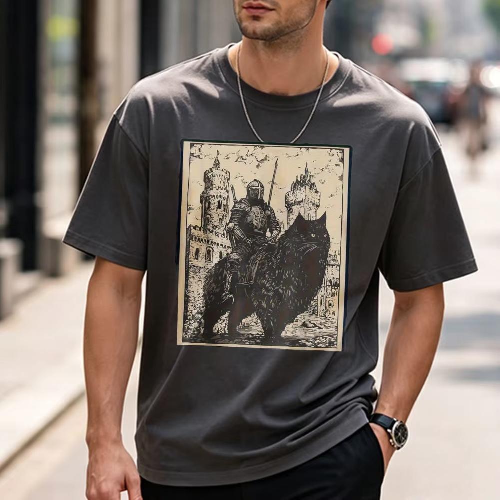 Vintage Medieval Knight Riding Giant Wolf Castle Retro Distressed Graphic T Shirt Unisex Cotton Tee Dark Fantasy Gothic Casual