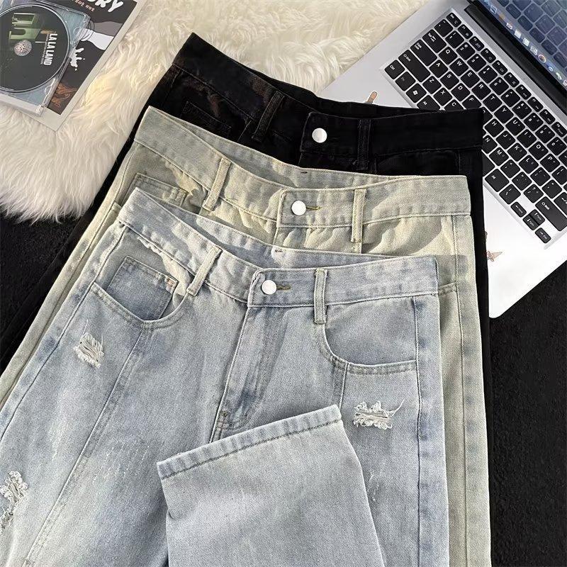 Mens Relaxed Fit Straight Leg Denim Jeans With Distressed Wash Mud Dye Effect Mid Rise Casual Pants