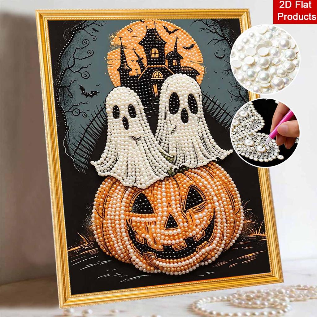 Frameless Pearl Painting Kit Pumpkin Ghost Castle Pattern DIY Shiny Bead Canvas Creative Craft for Adults Home Decor Festival Ornament
