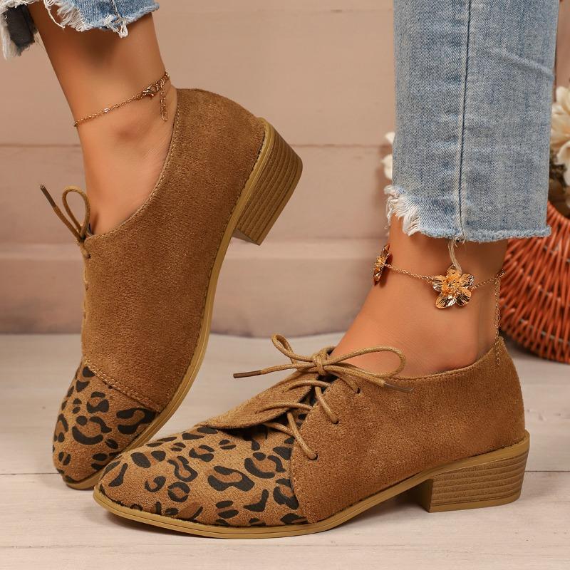 Mid Heel Square Heel Loafers Leopard Lace-up 2025 Hot Sale Ladies Shoes Spring/autumn Shallow Fashion Casual Women's Shoes