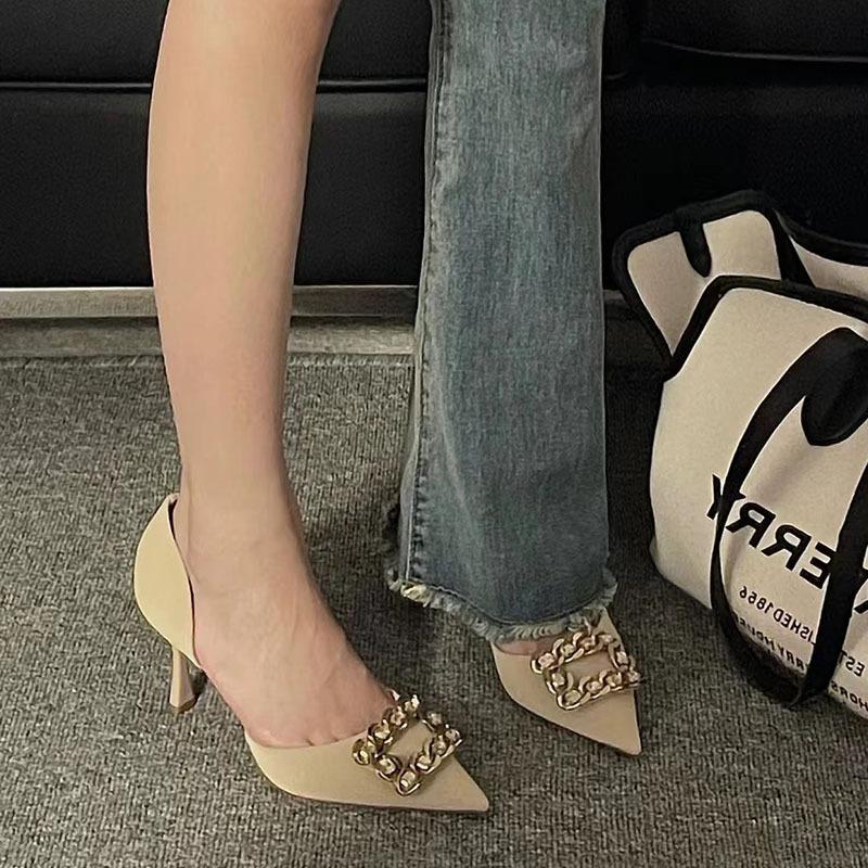 2022 new square buckle design pointed tip thin heel French small fragrant celebrity nude cut men's high heel single shoes niche