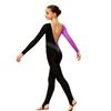 Tuta da Ballo a Maniche Lunghe con Patchwork in Rete, Schiena con Foro, Blocco Colore con Strass, Costume da Ginnastica per Ragazze