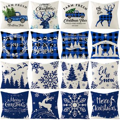 Blue Christmas Pillow Case Polyester Printed Christmas Elk Pillow Home Sofa Pillow Case