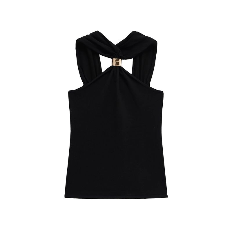 Spring New Women's Clothing French Style All-Matching Gold Inlaid Wide Shoulder Strap Hanging Collar Knitting Tops 4938116