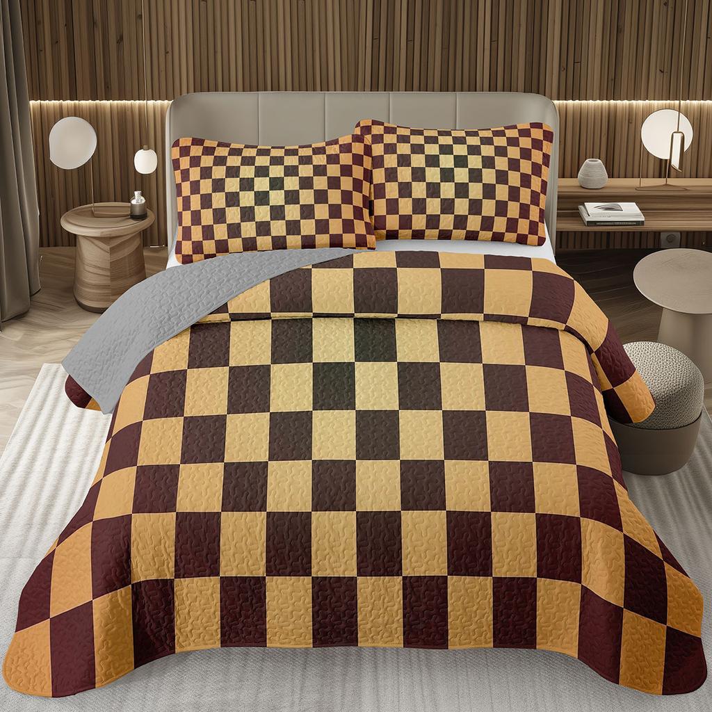 Retro Karierte Tagesdecke Twin Queen Vintage Ausgefallen Geometrisch Karomuster Gestepptes Bettwäscheset Schachbrettmuster Gitter Wendbare Tagesdecke Set