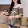 Women's Waffle Knit Off-Shoulder T-Shirt Fake Two-Piece Loose Plus Size Short Sleeve Printed Summer Top