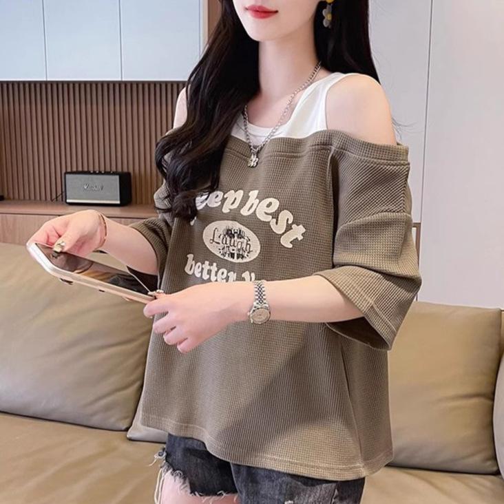 Women's Waffle Knit Off-Shoulder T-Shirt Fake Two-Piece Loose Plus Size Short Sleeve Printed Summer Top