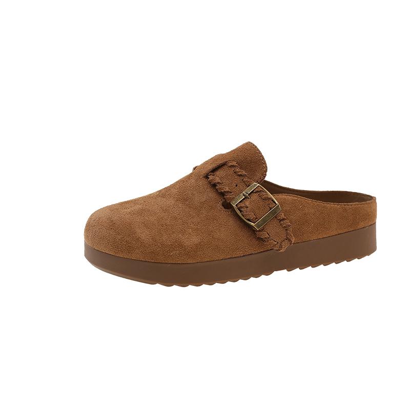 Fashion New Round-toe Deep-mouth Metal Buckle Cow Suede Platform Anti-slip Wear-resistant Flat-sole Wrapped-head Slippers for Autumn