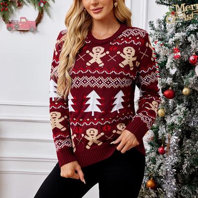 Suéter Navideño de Hombre de Jengibre Tejido Jacquard Jersey Festivo Novedad Acrílico Superior Corte Holgado Manga Larga Cálido Regalo Familiar de Vacaciones de Invierno
