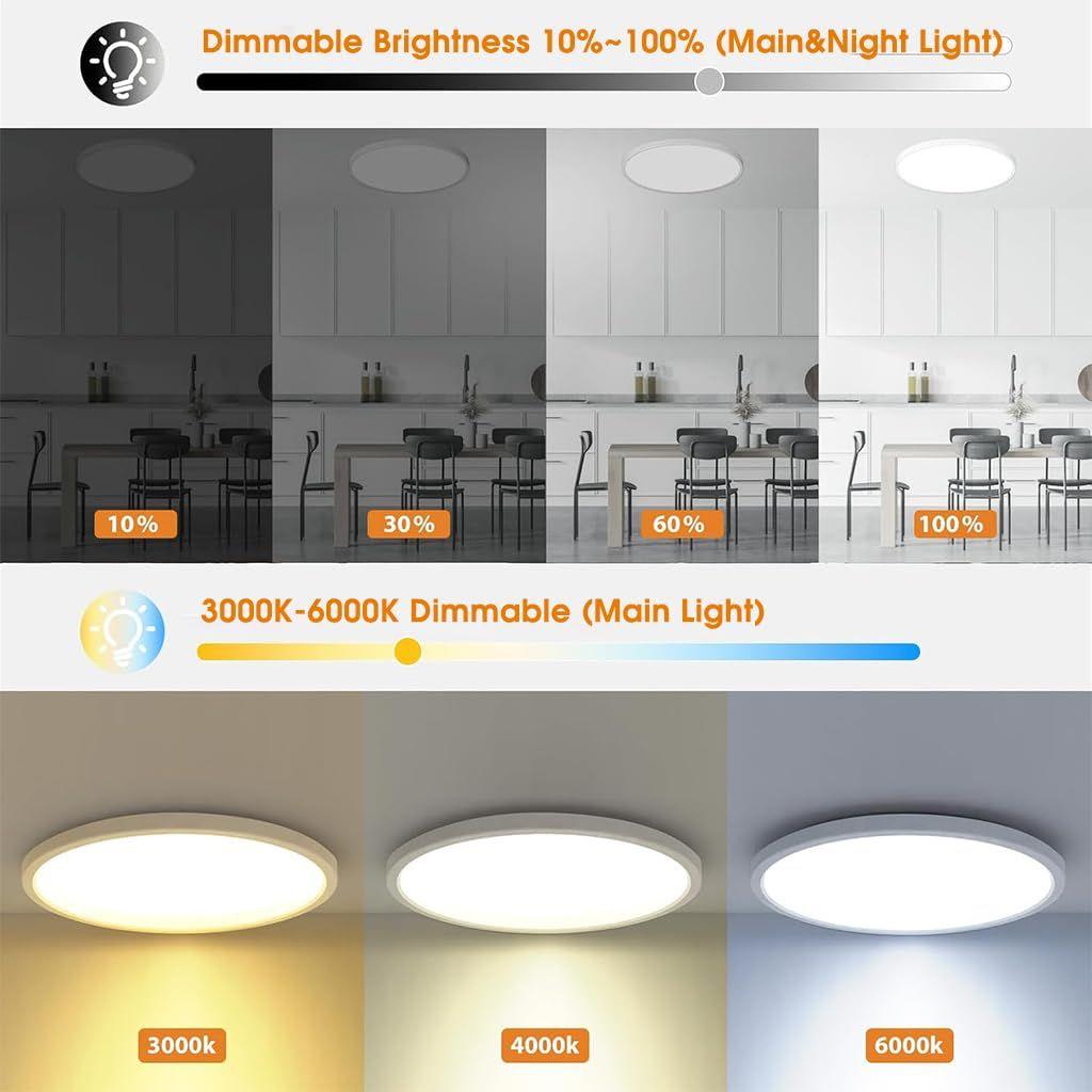 LED Ceiling Light with Remote Control,Dimmable 24 W 3-Color Ceiling Light with Dim Night Light 1800k Warm,Round Flush LED Ceiling Lights (White)