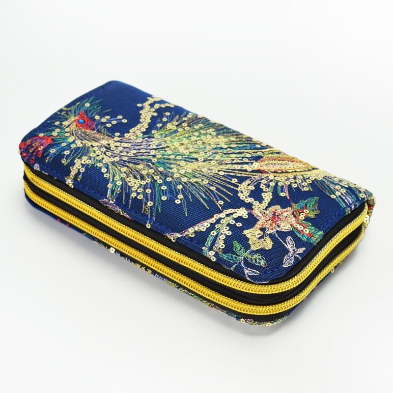 Women Wallet Long Zipper Coin Purse Designers Luxury Handmade Embroidery Peacock Retro Clutch Wallet Female for Teenager Girl