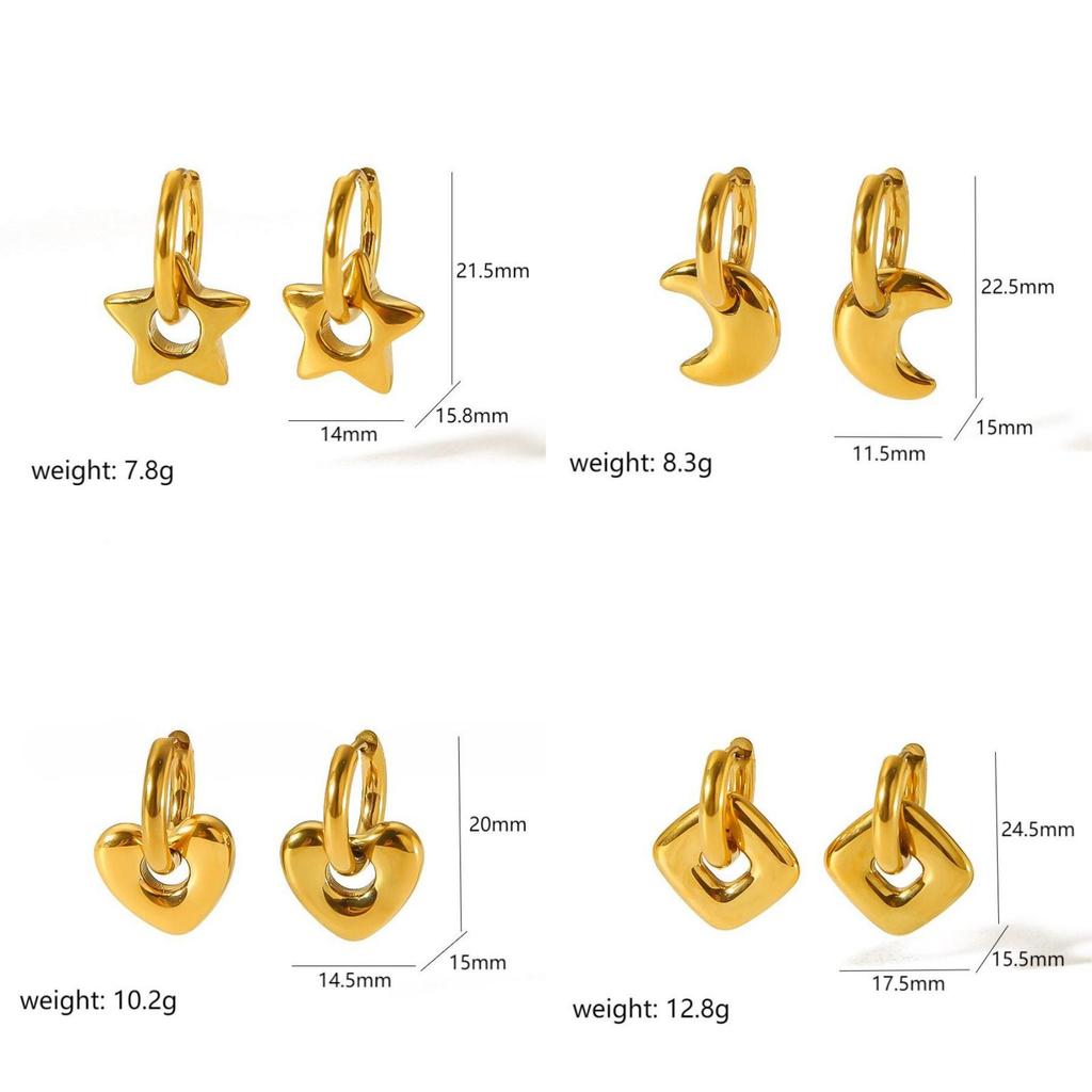 Fashion Gold Plated Heart Star Moon Earrings With Waterproof Stainless Steel For Women