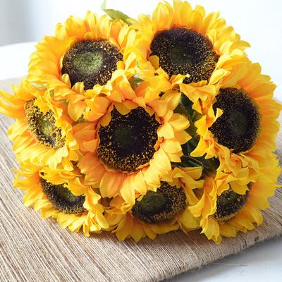 Artificial Sunflower Bouquet Realistic Long Stem Fake Silk Flower with Leaves Faux Floral Arrangement for Vase Wedding Table Home Spring Summer Decor