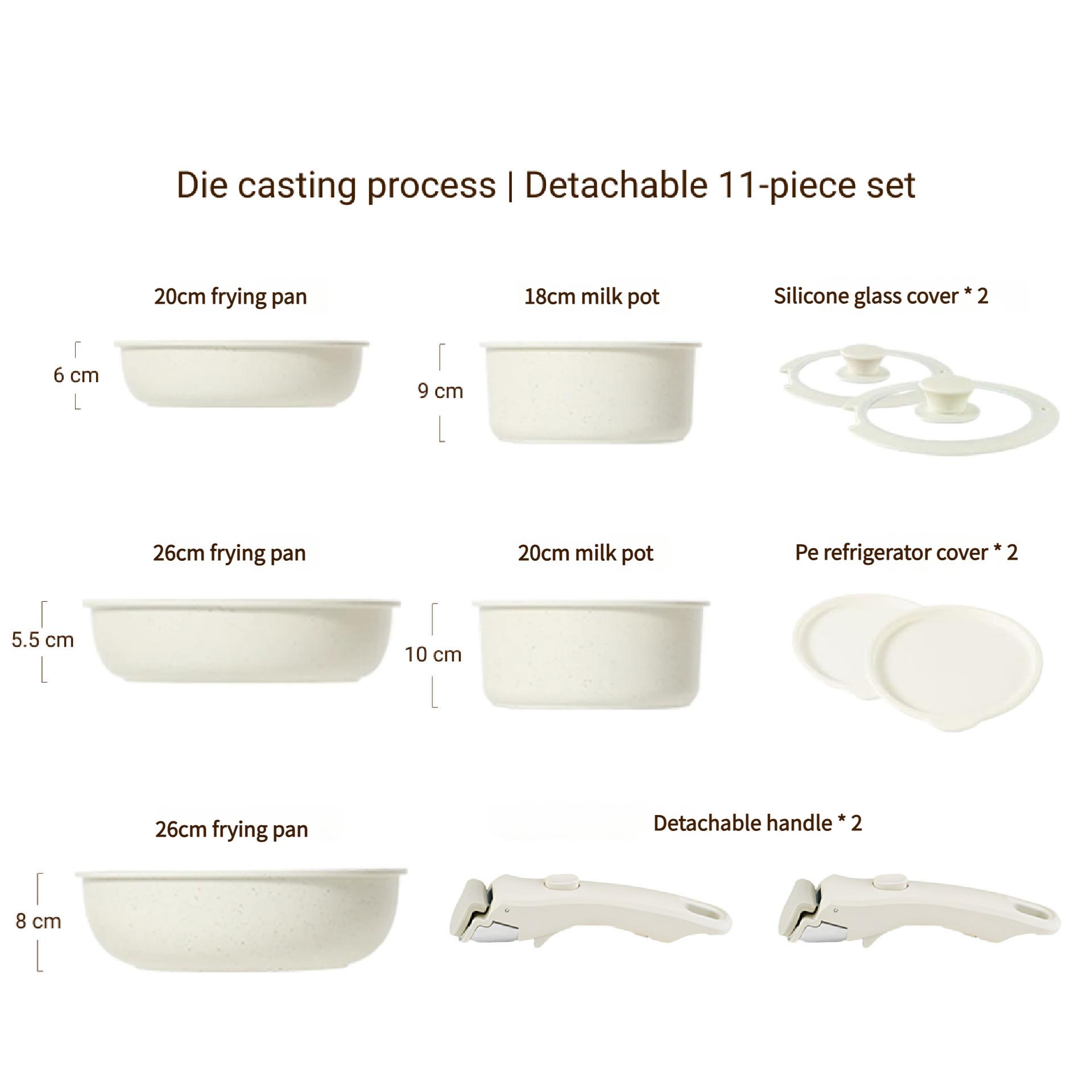 

Набір посуду зі знімною ручкою Гранітне покриття Антипригарні каструлі Молочник Сковорода Сотейник Компактний кухонний набір Штабельоване зберігання Індукційна плита Каструля 11pcs
