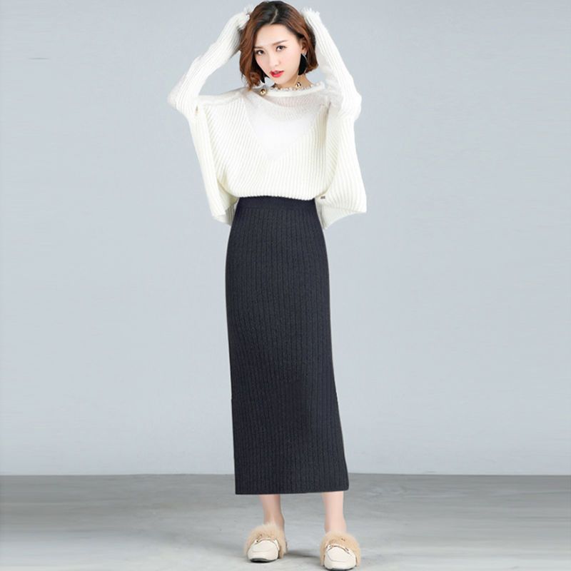 High-End Women's Autumn Winter Thickened Knitted Midi Skirt Slit Bodycon Pencil Skirt Slim-Fitting Wool Skirt