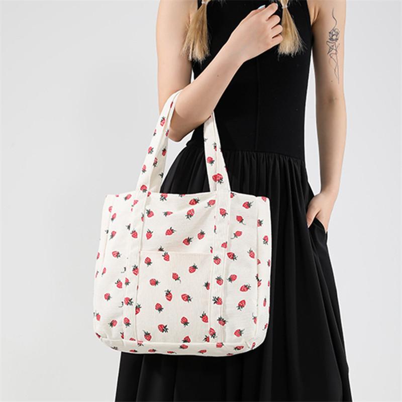 Corduroy Handbag Strawberries Beach Bag Fashiable Versatile Shoulder Bag LargeCapacity Simple Commuter Women's Tote Bag Bolsos
