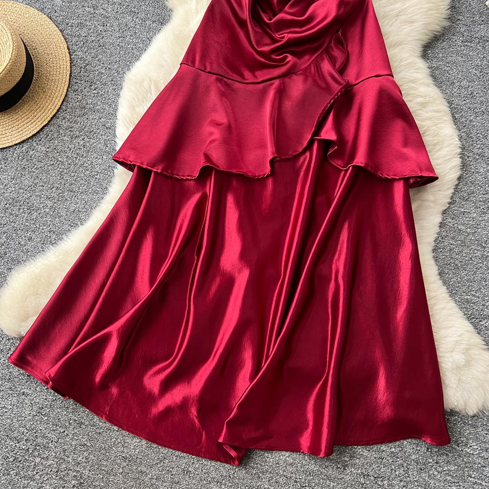 French red suspender with chest pad satin dress women's waist ruffle edge sleeveless A-shaped dress socialite dress