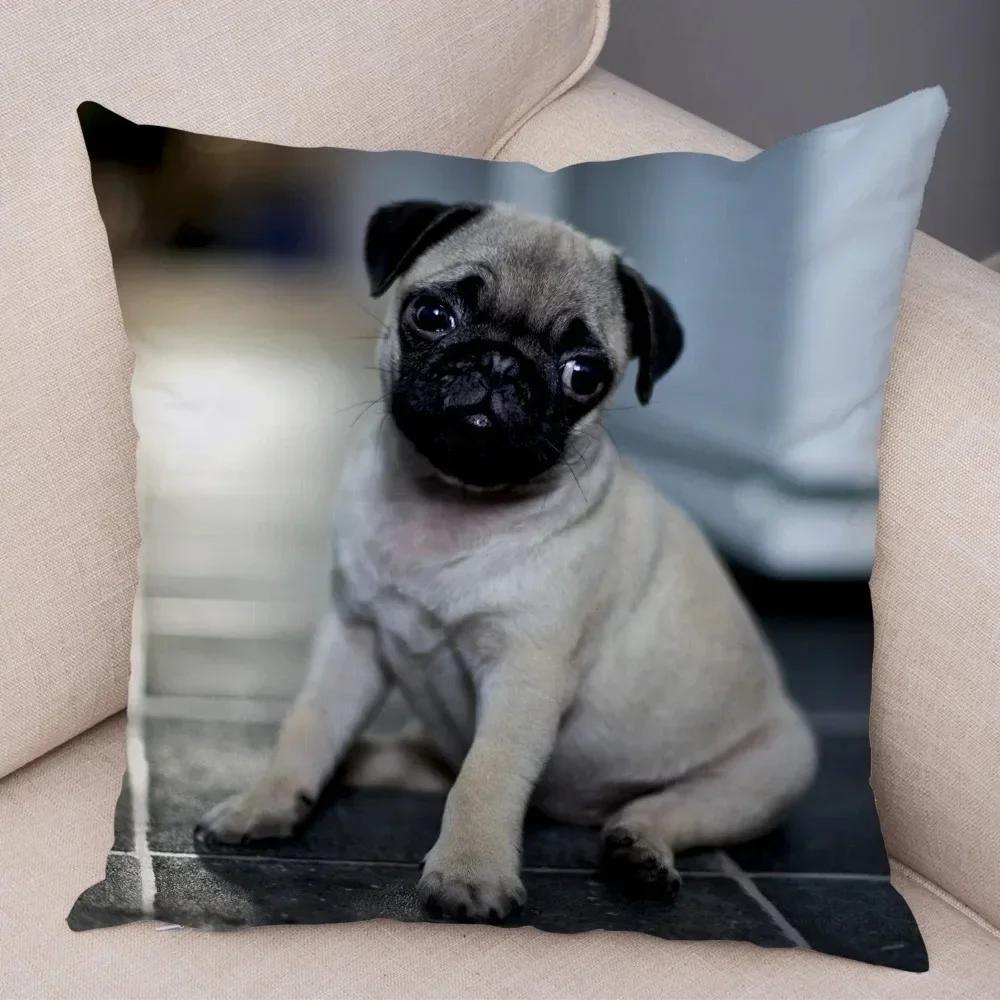 VIKAMA Nordic-Style Adorable Dog Cushion Cover Pug Print Cushion Cover Bedroom Living Room Sofa Decorative Cushion Cover