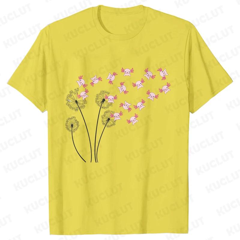 Dandelion Axolotl Flower T-shirt for Women Fashion Casual T-shirts Short Sleeve Axolotl Lover Women Tee Shirt Kawaii Clothing Shirts