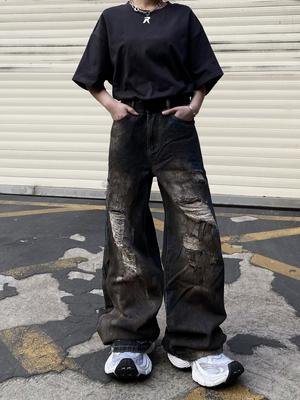 Pantalones vaqueros holgados para hombre, estilo retro, desgastados, rotos, estilo hip hop, punk, tie-dye, de pierna ancha, informales, estilo Y2k