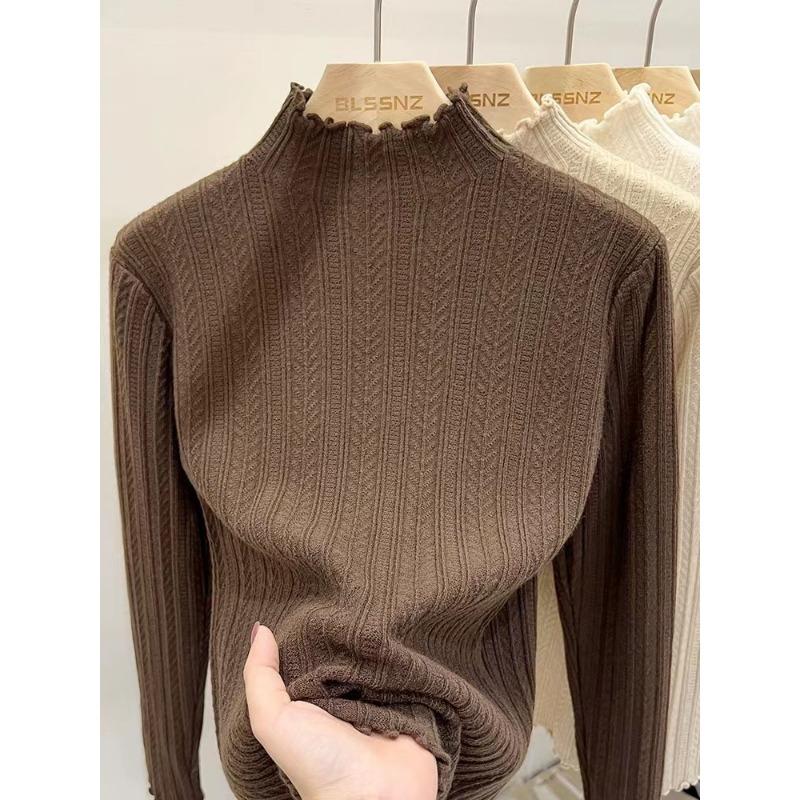 Fungus Edge Knitted Sweater Women's New Chic Top Semi-turtleneck Bottoming Shirt Women's Autumn and Winter Wear