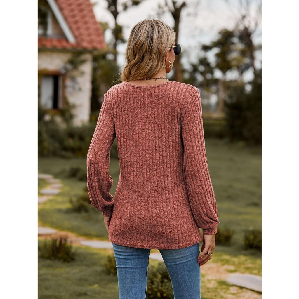 Dámské oblečení, Kulatý výstřih, Pruhované tričko, Jednobarevné, Zapínání na knoflíky, Patchworkové, Tričko s dlouhým rukávem