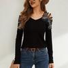 Trim Patchwork Heavy Duty Rhinestone V Neck Hollow Out Long Sleeve T Shirt Women's Top Fashion Daily Basic Casual Slim Fit Ladies Elegant Top