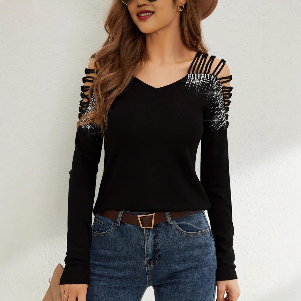 Trim Patchwork Heavy Duty Rhinestone V Neck Hollow Out Long Sleeve T Shirt Women's Top Fashion Daily Basic Casual Slim Fit Ladies Elegant Top