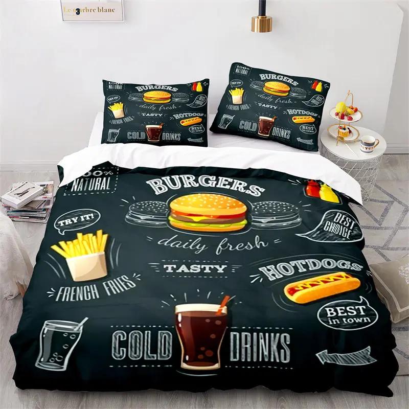 Kreativer Fast Food Bettbezug Pizza Hamburger Druck Bettdeckenbezug Mikrofaser Bettwäscheset King Queen für Kinder Teenagerzimmer Deko